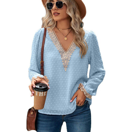 Lace Long Sleeve Tops for Women T Shirts Casual Blouses V Neck Shirts