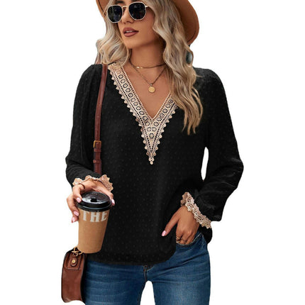 Lace Long Sleeve Tops for Women T Shirts Casual Blouses V Neck Shirts