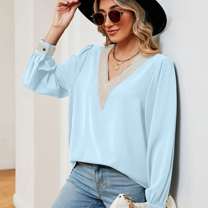 Women's Chiffon Puff Long Sleeve Lace Tops V Neck Shirts Tunic