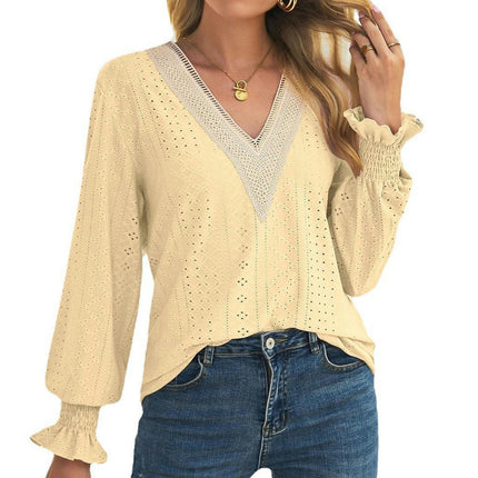 Women's Long Sleeve Ruffle Sleeve T Shirt Eyelet V Neck Tops Blouse