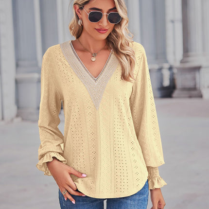 Women's Long Sleeve Ruffle Sleeve T Shirt Eyelet V Neck Tops Blouse