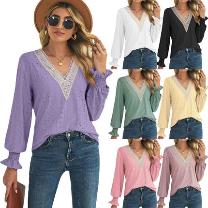 Women's Long Sleeve Ruffle Sleeve T Shirt Eyelet V Neck Tops Blouse