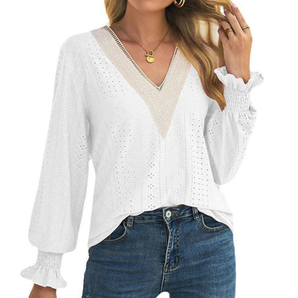 Women's Long Sleeve Ruffle Sleeve T Shirt Eyelet V Neck Tops Blouse