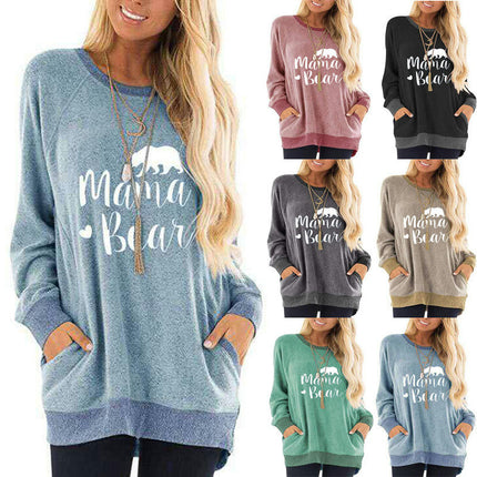 Women's Print Sweatshirt Casual Round Neck Pocket T Shirts Pullover Tunic Tops