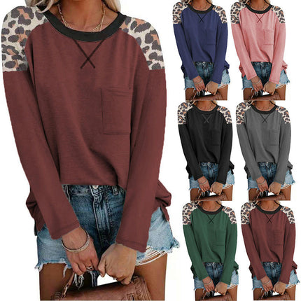 Women Long Sleeve Tops Color Block Sweatshirts Round Neck Loose Tunic Top