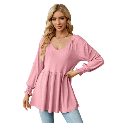 Women's V Neck Tunic Top Long Sleeve Ruffle Babydoll Casual Blouses