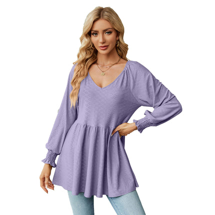 Women's V Neck Tunic Top Long Sleeve Ruffle Babydoll Casual Blouses