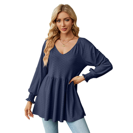 Women's V Neck Tunic Top Long Sleeve Ruffle Babydoll Casual Blouses