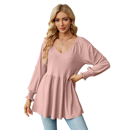 Women's V Neck Tunic Top Long Sleeve Ruffle Babydoll Casual Blouses