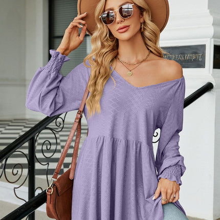 Women's V Neck Tunic Top Long Sleeve Ruffle Babydoll Casual Blouses