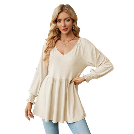 Women's V Neck Tunic Top Long Sleeve Ruffle Babydoll Casual Blouses