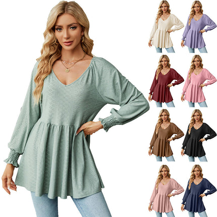 Women's V Neck Tunic Top Long Sleeve Ruffle Babydoll Casual Blouses