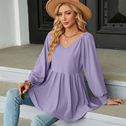 Women's V Neck Tunic Top Long Sleeve Ruffle Babydoll Casual Blouses