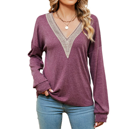 Women's Casual Lace V Neck T Shirts Long Sleeve Tops Loose Tunic Blouses