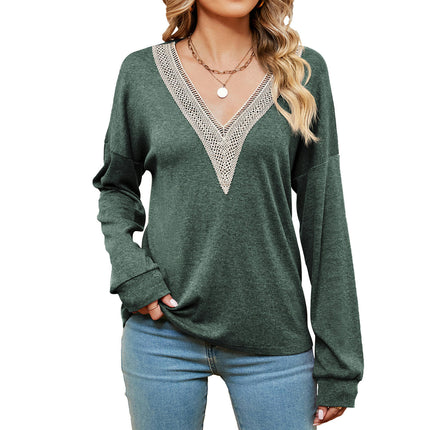 Women's Casual Lace V Neck T Shirts Long Sleeve Tops Loose Tunic Blouses