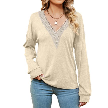 Women's Casual Lace V Neck T Shirts Long Sleeve Tops Loose Tunic Blouses