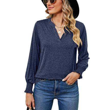 Women's V Neck Tunic Top Puff Ruffle Long Sleeve Casual Blouses