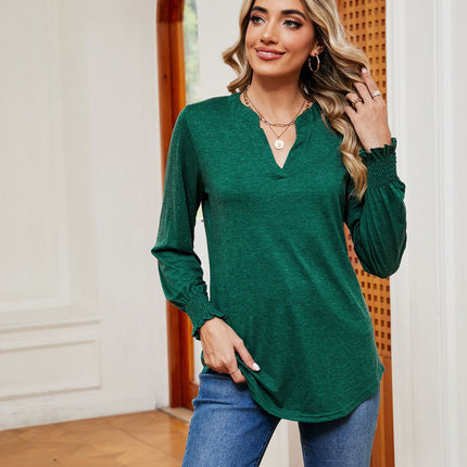 Women's V Neck Tunic Top Puff Ruffle Long Sleeve Casual Blouses