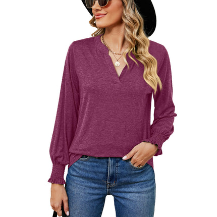 Women's V Neck Tunic Top Puff Ruffle Long Sleeve Casual Blouses