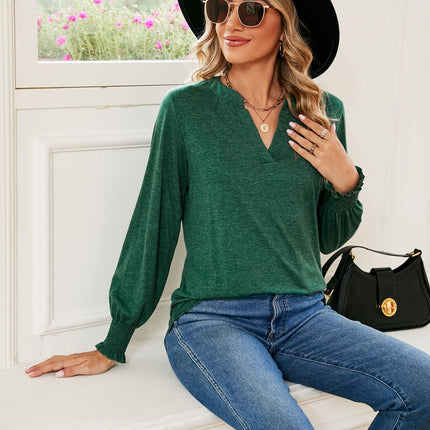 Women's V Neck Tunic Top Puff Ruffle Long Sleeve Casual Blouses