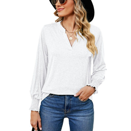 Women's V Neck Tunic Top Puff Ruffle Long Sleeve Casual Blouses