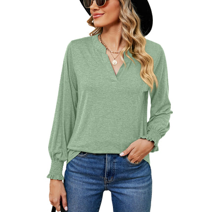 Women's V Neck Tunic Top Puff Ruffle Long Sleeve Casual Blouses