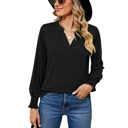 Women's V Neck Tunic Top Puff Ruffle Long Sleeve Casual Blouses