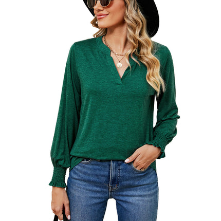 Women's V Neck Tunic Top Puff Ruffle Long Sleeve Casual Blouses