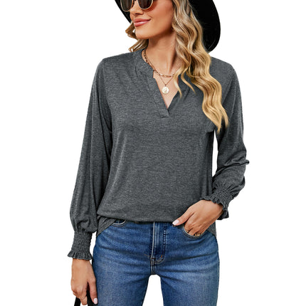 Women's V Neck Tunic Top Puff Ruffle Long Sleeve Casual Blouses