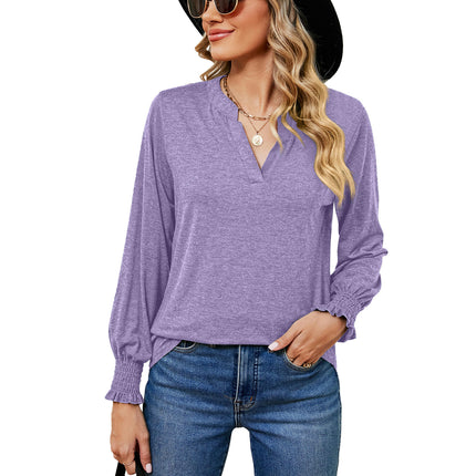 Women's V Neck Tunic Top Puff Ruffle Long Sleeve Casual Blouses