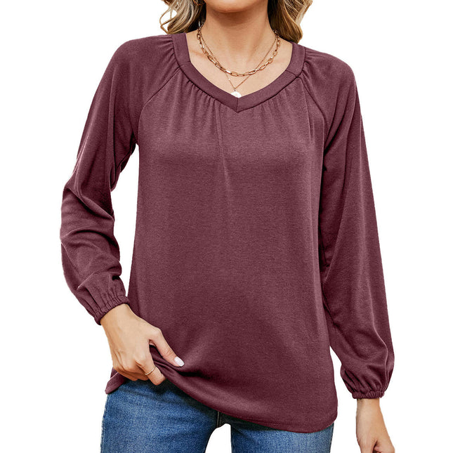 Women's Casual Pleated V Neck T-Shirts Long Sleeve Tops