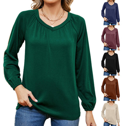 Women's Casual Pleated V Neck T-Shirts Long Sleeve Tops