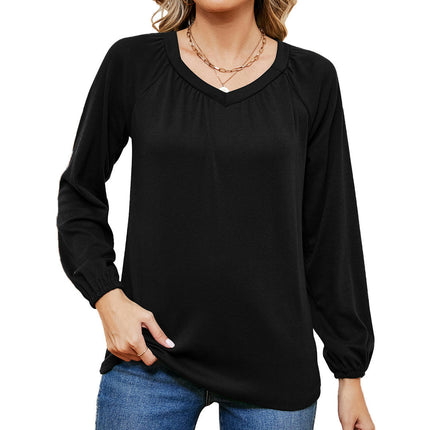 Women's Casual Pleated V Neck T-Shirts Long Sleeve Tops