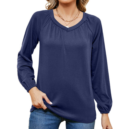 Women's Casual Pleated V Neck T-Shirts Long Sleeve Tops