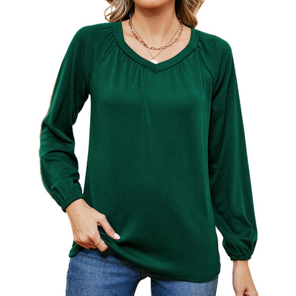 Women's Casual Pleated V Neck T-Shirts Long Sleeve Tops