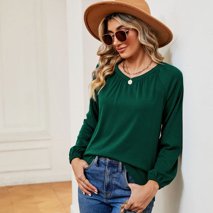 Women's Casual Pleated V Neck T-Shirts Long Sleeve Tops