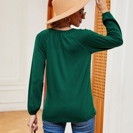 Women's Casual Pleated V Neck T-Shirts Long Sleeve Tops