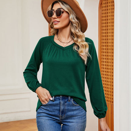 Women's Casual Pleated V Neck T-Shirts Long Sleeve Tops