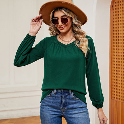 Women's Casual Pleated V Neck T-Shirts Long Sleeve Tops