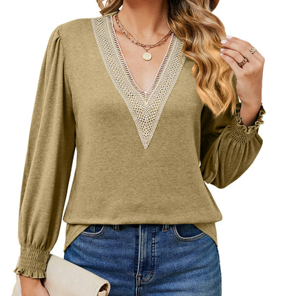 Puff Long Sleeve Tops for Women Casual Blouses Lace V Neck T Shirts