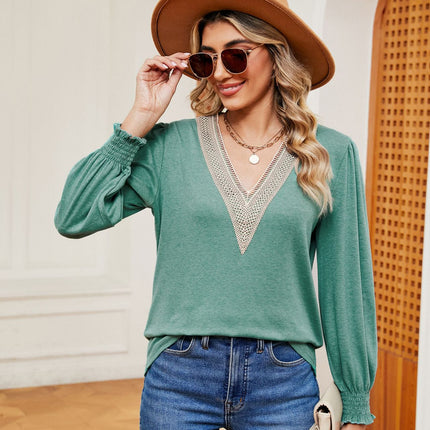 Puff Long Sleeve Tops for Women Casual Blouses Lace V Neck T Shirts