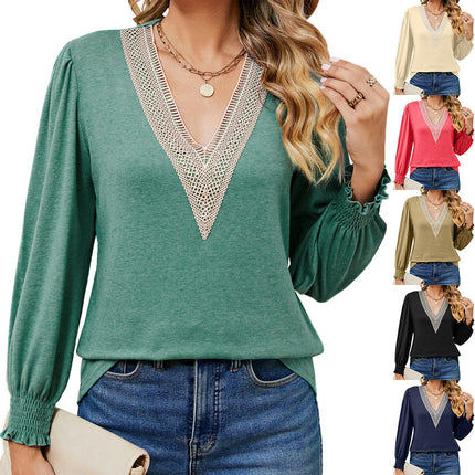 Puff Long Sleeve Tops for Women Casual Blouses Lace V Neck T Shirts