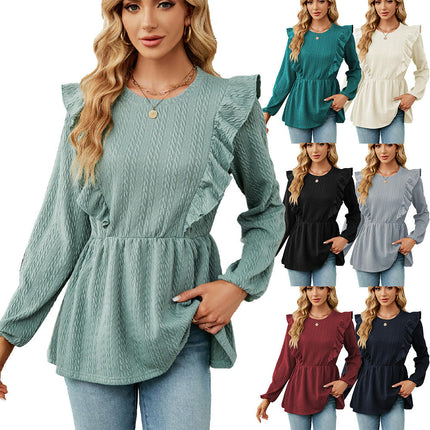 Women's Casual Tops Long Sleeve Crewneck Ruffle Babydoll Tunics Shirt