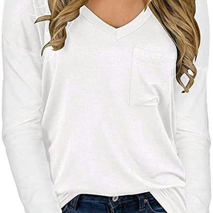 Women's Long Sleeve V-Neck Shirts Loose Casual T-Shirt with Pocket