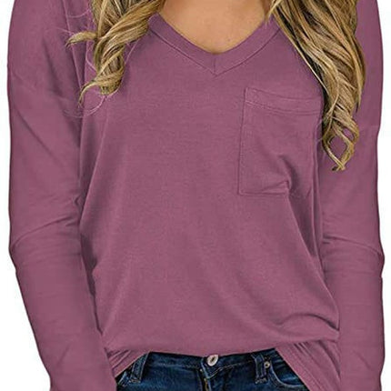 Women's Long Sleeve V-Neck Shirts Loose Casual T-Shirt with Pocket