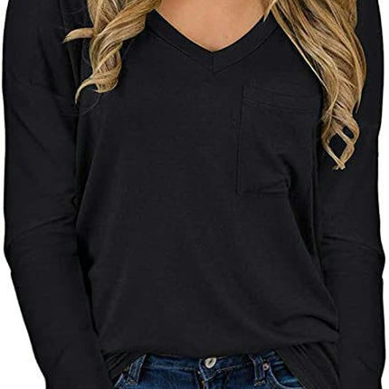 Women's Long Sleeve V-Neck Shirts Loose Casual T-Shirt with Pocket