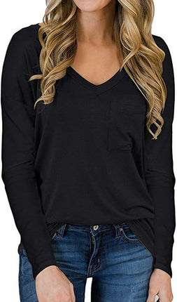 Women's Long Sleeve V-Neck Shirts Loose Casual T-Shirt with Pocket