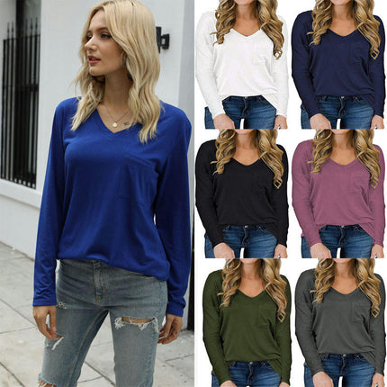 Women's Long Sleeve V-Neck Shirts Loose Casual T-Shirt with Pocket