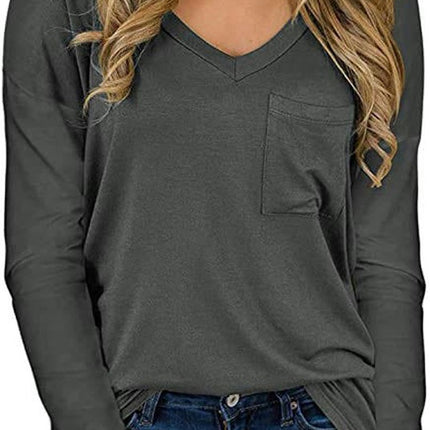 Women's Long Sleeve V-Neck Shirts Loose Casual T-Shirt with Pocket