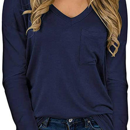 Women's Long Sleeve V-Neck Shirts Loose Casual T-Shirt with Pocket